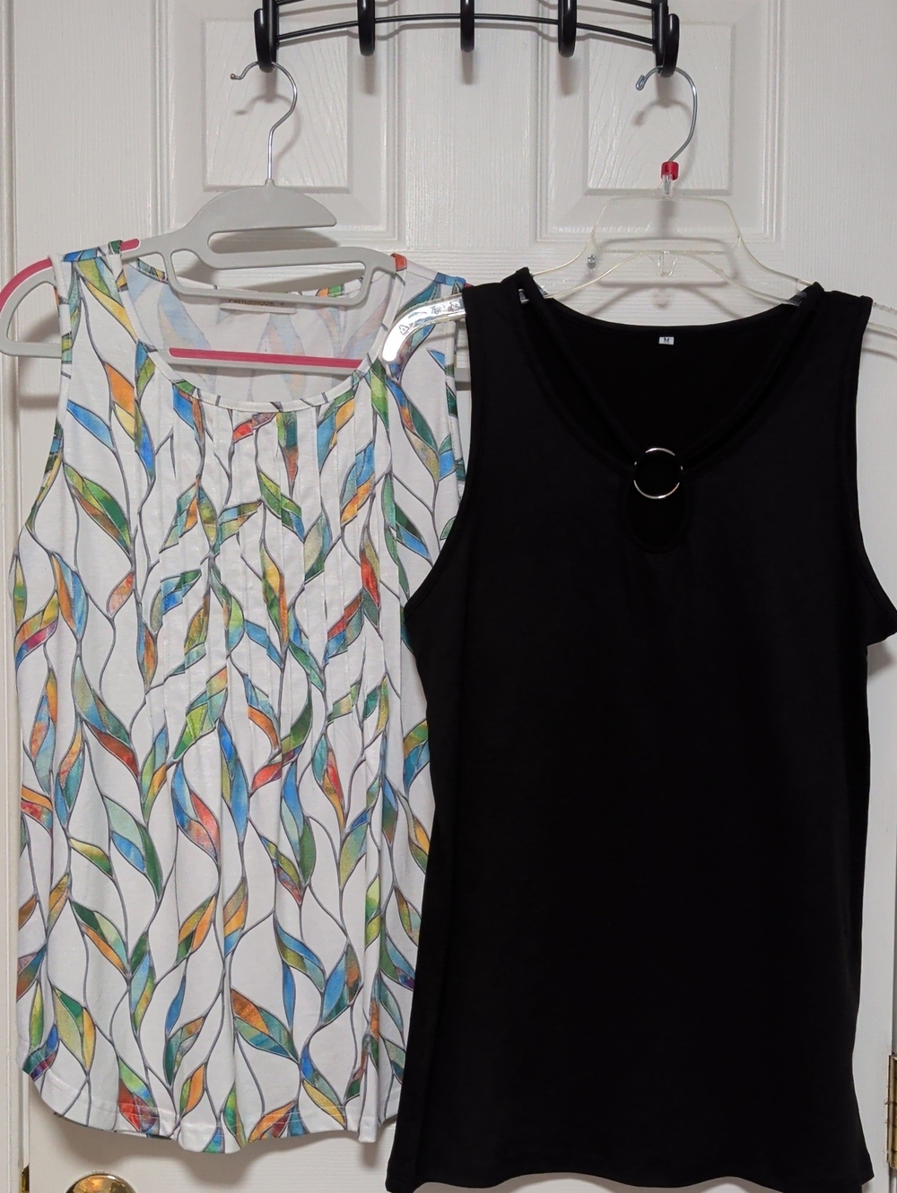 Pair of Sleeveless Tops - Black Ring-Accent & White Multicolor Leaf Print